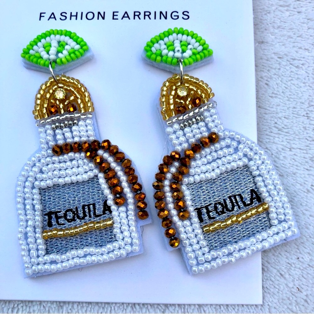 Tequila Lime Earrings Seed Beads New Gold Green